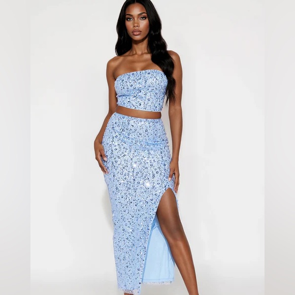 Light Blue Sequin Maxi Skirt Set New